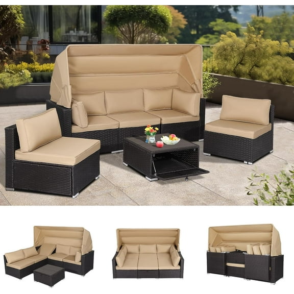 6 Pieces Patio Furniture Sets Daybed with Retractable Canopy, Outdoor Rattan Sectional Sofa Set, Wicker Patio Seating Chairs with Adjustable Backrest for Backyard,Garden,Poolside (Beige Brown)