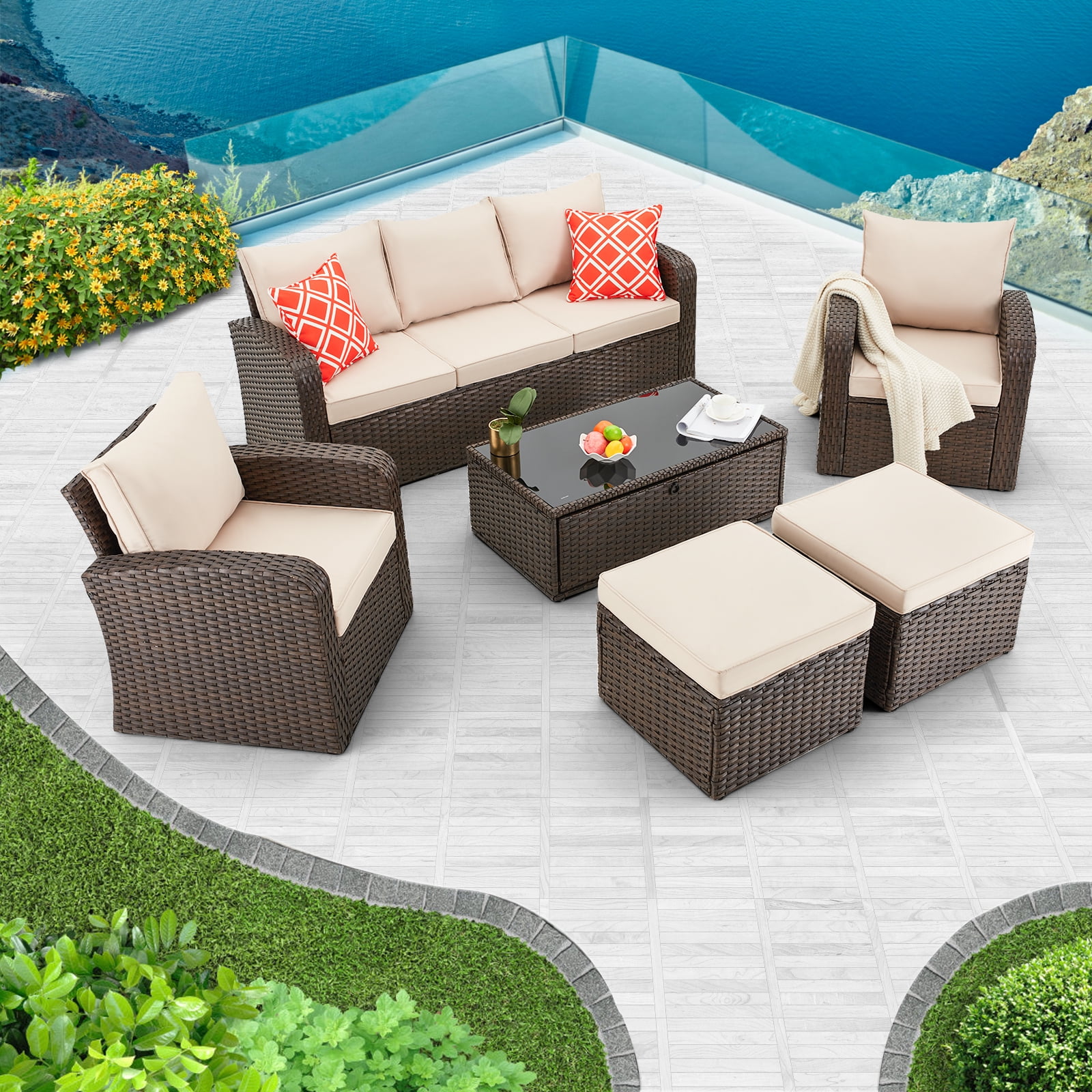 6 Pieces Patio Furniture Sets HOMREST Outdoor Sectional Chair Sofa Cushioned with Coffee Table Brown