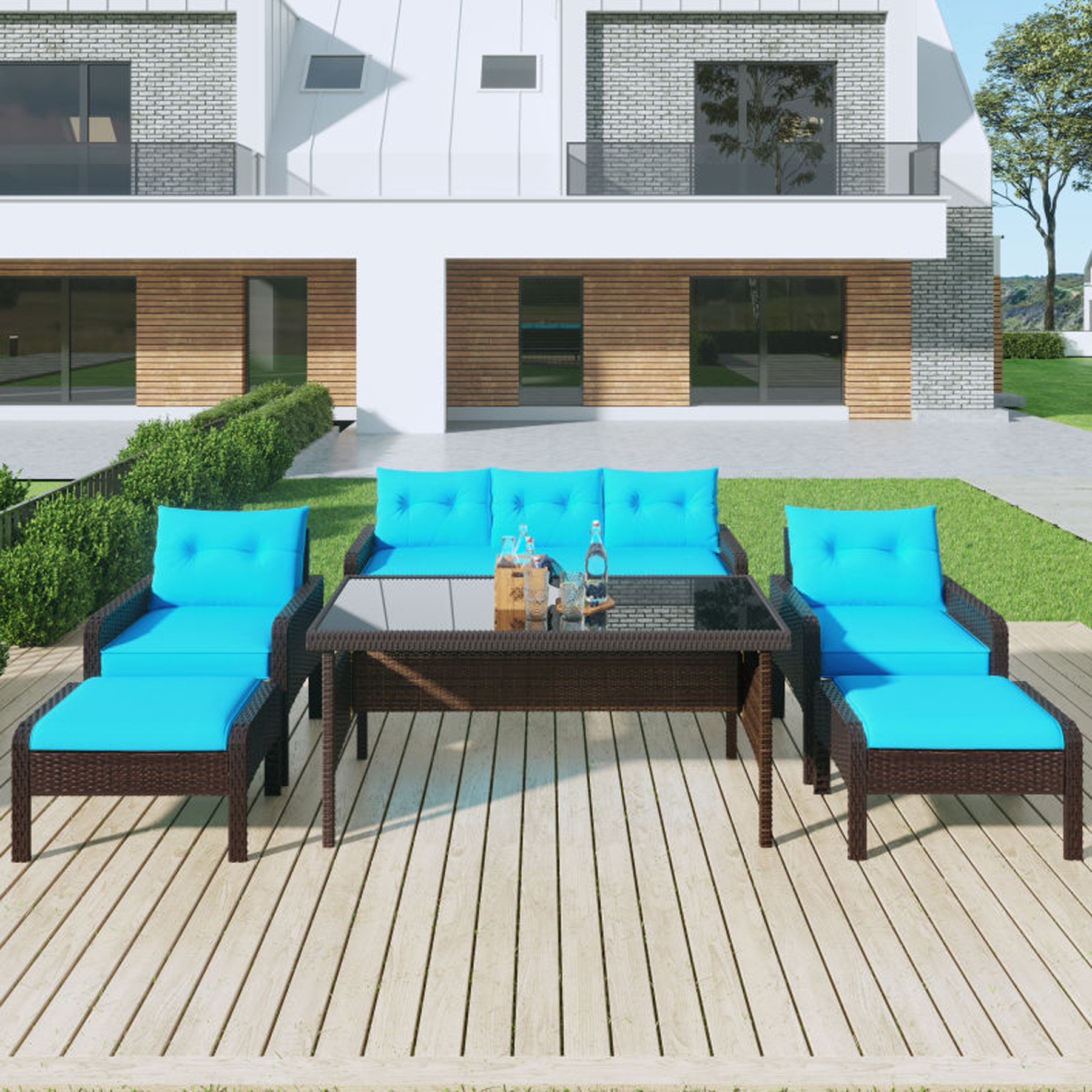 6 Pieces Patio Furniture Sets, Outdoor Lounge Chair Set Conversation Set with Glass Coffee Table, Sofa and Ottoman, Outdoor Table and Chairs for Porch Lawn Garden Backyard, Brown, LJ3711 - image 1 of 10