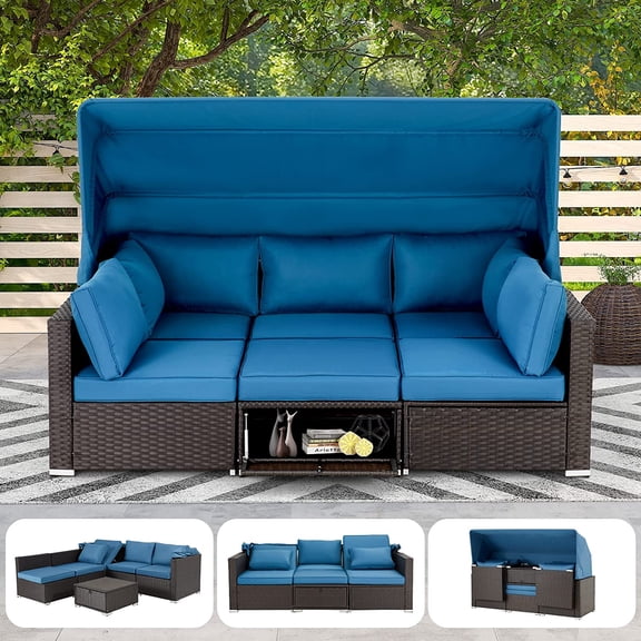 6 Pieces Patio Furniture Sets, Rattan Daybed with Retractable Canopy, Outdoor Sectional Sofa Set with Adjustable Backrest, Chaise Chair Sunbed for Garden Poolside Backyard (Blue)