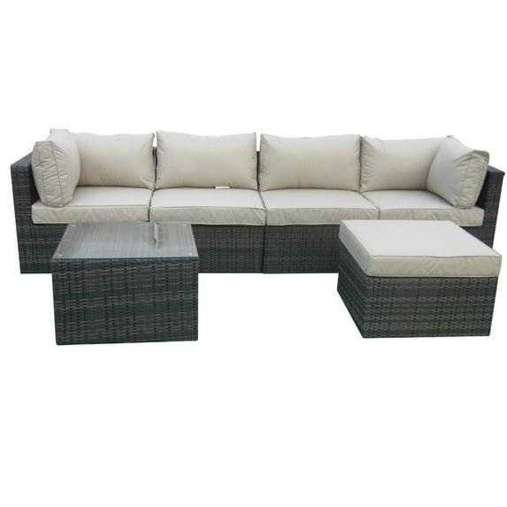 6 Pieces Patio Sofa Set, Aluminum Frame Full Assembled Outdoor Sectional Rattan Sofa Set, All Weather Mix Brown Wicker Conversation Set with Beige Cushions and Throw Pillows