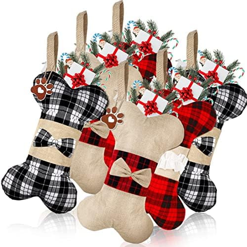6 Pieces Pet Dog Christmas Stockings Set Mini Christmas Buffalo Plaid Stockings Hanging Stockings Bone Shape Stocking for Christmas Fireplace Tree Decorations, 7.8 x 4.9 Inch