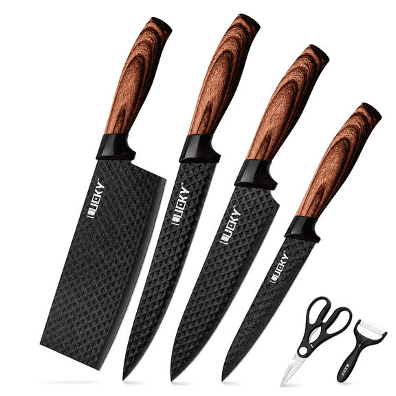 MDHAND 6-Piece Kitchen Knife Set, High Carbon Stainless Steel Chef Knife Set with Wooden Handles and Gift Box, Diamond Texture Blades Includes Chef Knife, Slicing Knife, Carving Knife, Paring Knife a