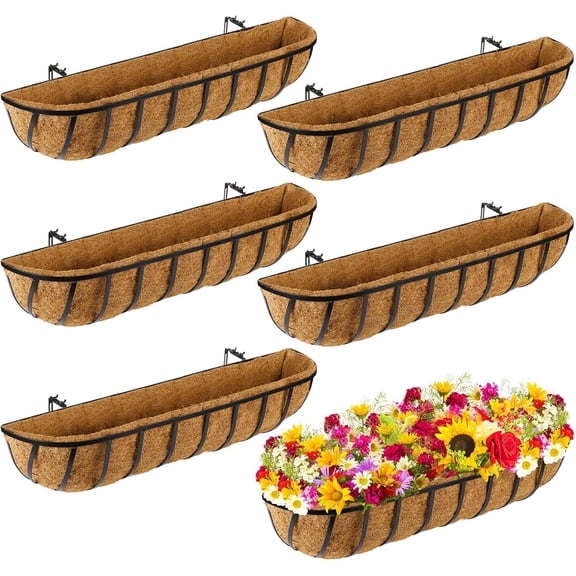 6 Pieces Railing Planter Boxes, 30 Inches Window Box Planters with Coco Liner and Adjustable Brackets for Deck Porch Fence Patio Balcony Gardening Outdoor Plants
