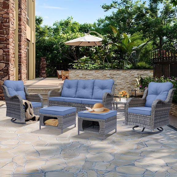 Fulljojor 6 Pieces Outdoor Patio Furniture Set, Rattan Wicker Sectional Swivel Rocker Chairs Sets