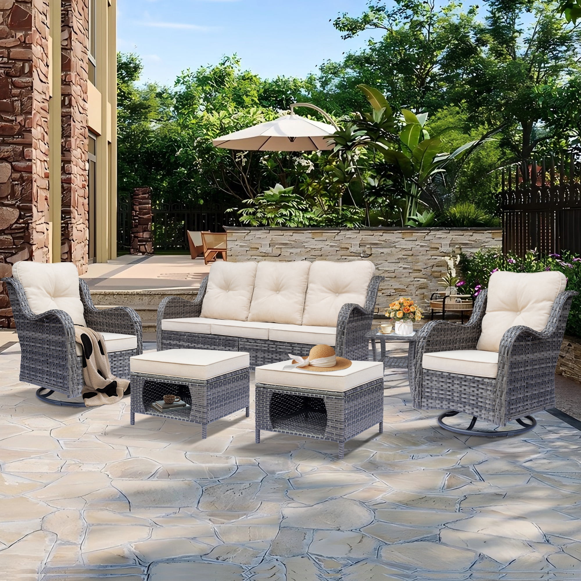 Fulljojor 6 Pieces Outdoor Patio Furniture Set, Rattan Wicker Sectional Swivel Rocker Chairs Sets