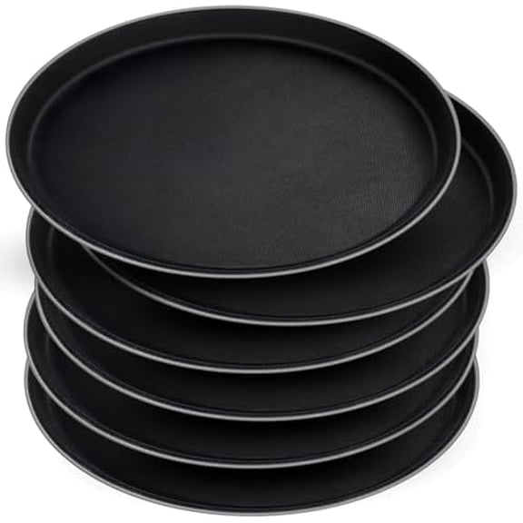 6 Pieces Restaurant Serving Tray, Non Slip Surface Round Tray Plastic Food Meals Server with Raised Edges for Home, Kitchen, Restaurant, Cafeteria, Bar, Hotel (Black, 6 Pcs 11 Inch)
