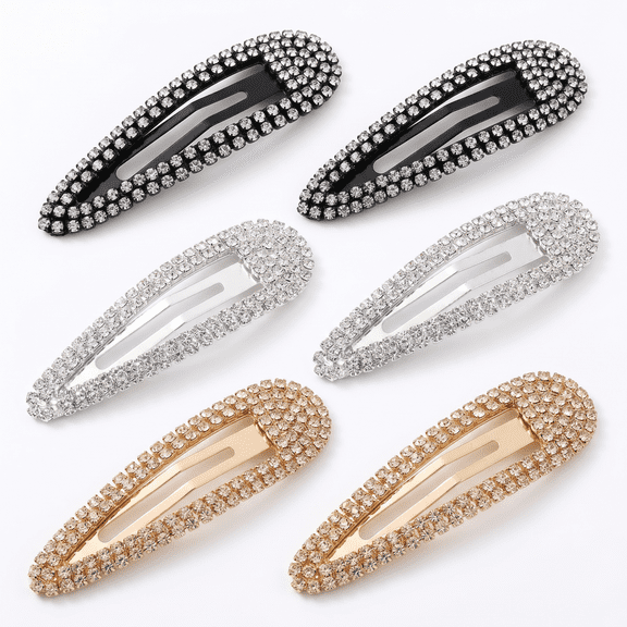 6 Pieces Rhinestone Hair Clips 3 Inch Snap Hair Barrettes Bridal Hair Barrettes Pins for Women Girls Wedding Hairpins Hair Accessories (Black, Silver, Gold)