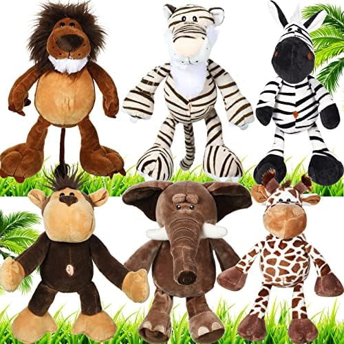 6 Pieces Safari Stuffed Animals Plush Jungle Toys Set for Boys Girls, Lion Elephant Zebra Giraffe Tiger Monkey for Animal Themed Parties Student Party Decoration(Novel Style)