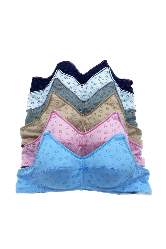 6 Pieces School Princess Swam Polka Dot Plain Wire Free Teen Girl Cotton Junior Training Bra 32A