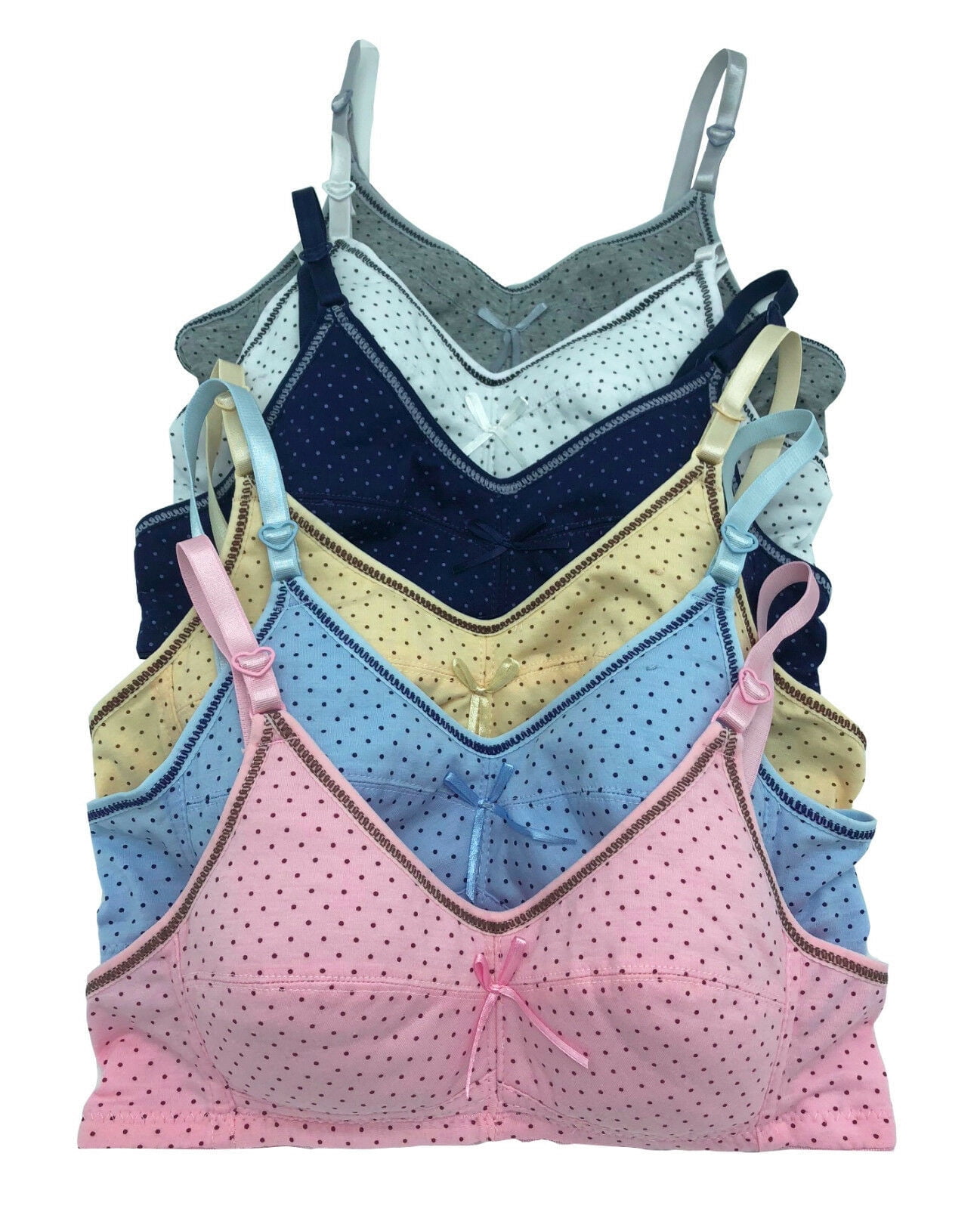 6 Pieces School Princess Swam Polka Dot Plain Wire Free Teen Girl Cotton Junior Training Bra 34A