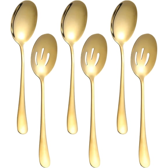 6 Pieces Serving Spoons Set, 8.7 Inch Serving Spoon, Includes 3 Server Spoon and 3 Slotted Spoons, Stainless Steel Buffet Banquet Large Utensils Cutlery Set for Kitchen, Gold