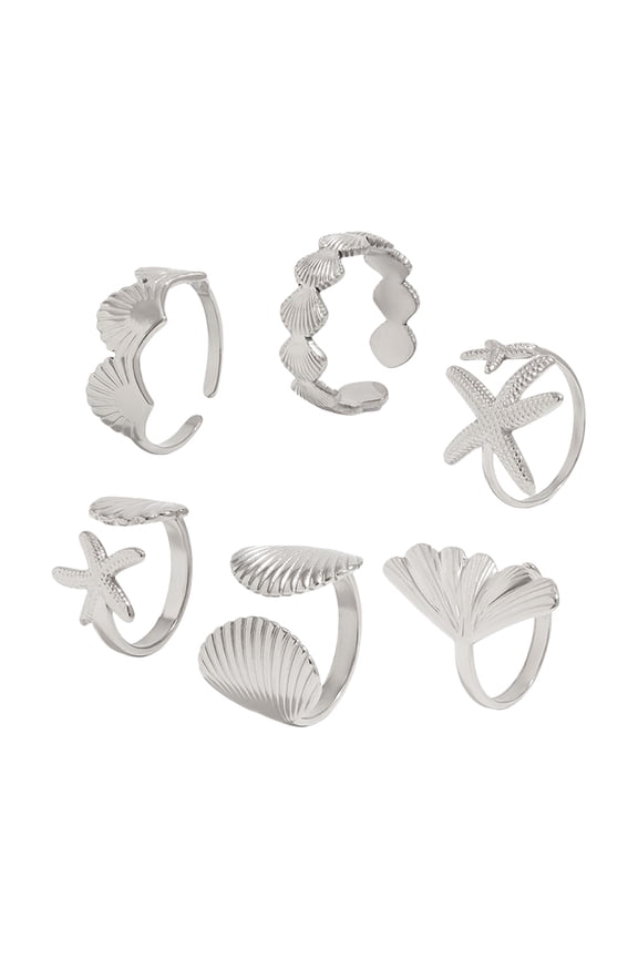 6 Pieces Shell Starfishes Adjustable Rings Set Marine Vacation Jewelry Gift for Her Trendy Stackable Rings for Daily Wear