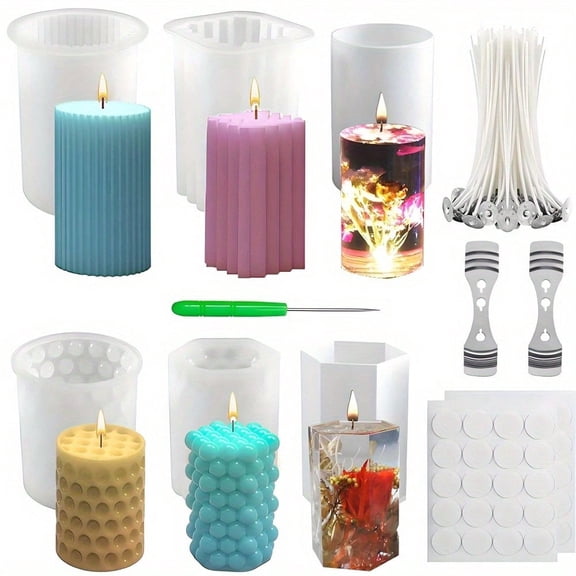 6 Pieces Silicone Candle Molds Set for Candle Making, Bubble Pillar Candle Mold, 3D Hexagonal Cylinder Candle Mold, Silicone Molds for DIY Resin, Soy Wax, Scented Candle Making