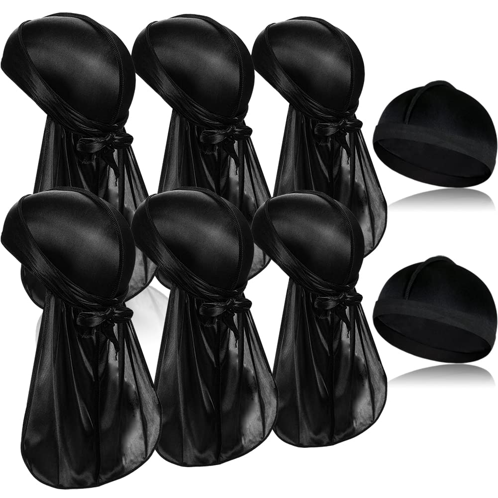 6 Pieces Silky Durags with Long Tail and 2 Pieces Satin Wave Cap, Do