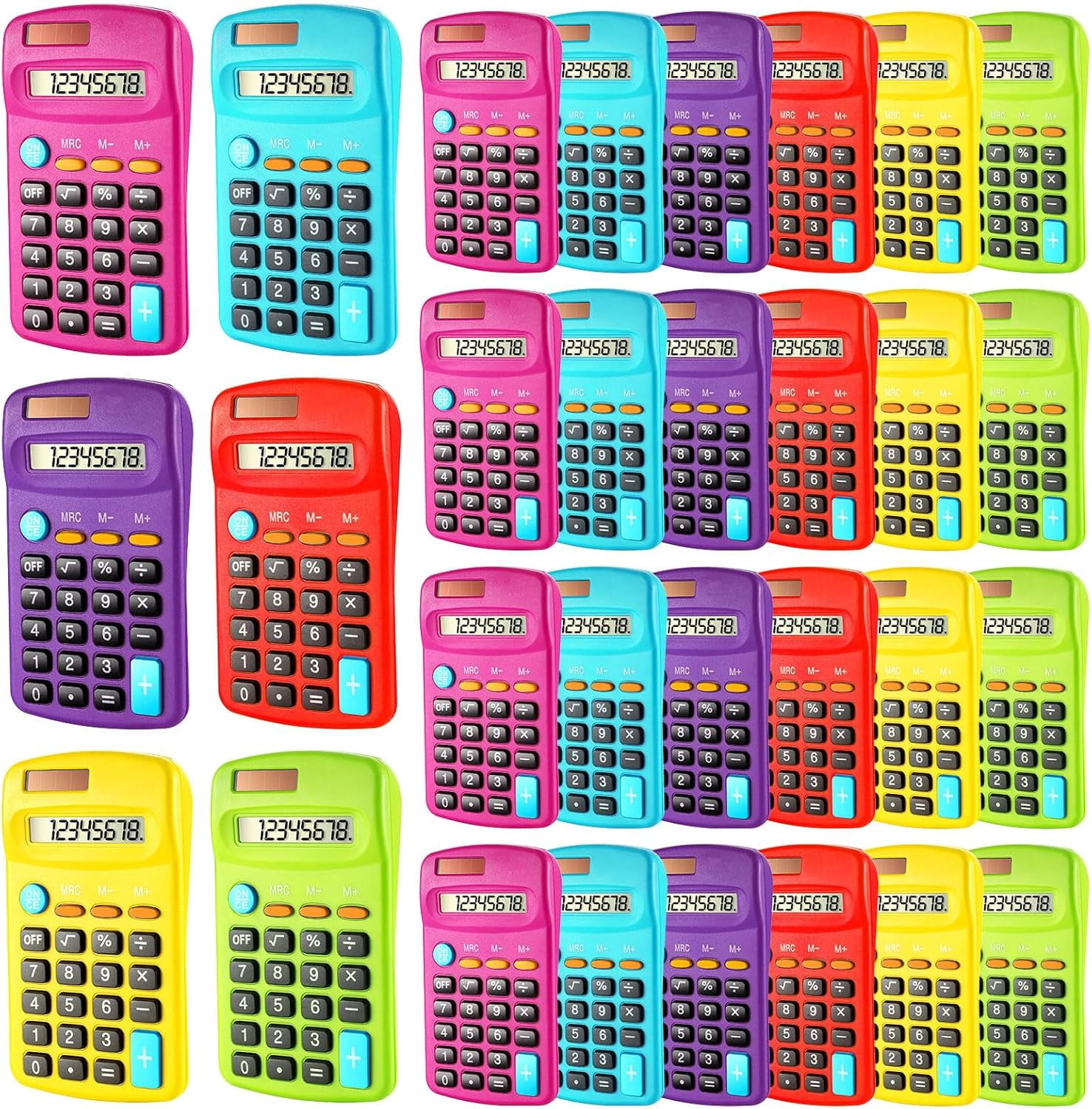 6 Pieces Small Basic Calculator Bulk 8 Digit Mini Solar Battery Dual Power Pocket for Kids Students Classroom Desktop Home Office, Standard Function Colors