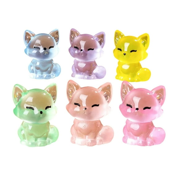 6 Pieces Small Resins Foxes Statues with Glowing In Dark Feature Luminously Animal Miniature for Home or Car Display
