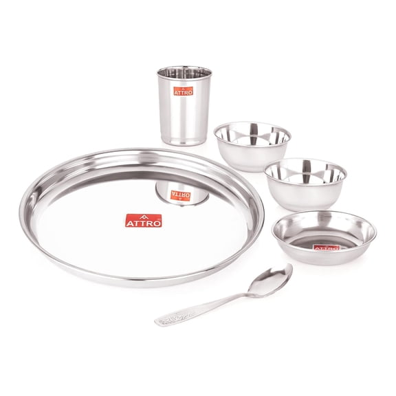 6 Pieces Smart Stainless Steel Dinnerware/Dinner Set - 1 Thali, 1 D.Plate, 2 Bowl, 1 Glass, 1 Spoon, Kitchen Set for Home, Restaurants, Family - Silver,Solid