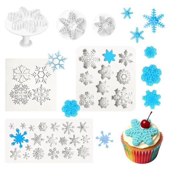 6 Pieces Snowflake Fondant Mold Silicone Baking Mold Chocolate Dessert Molds with Snowflake Plunger Cutters Cake Embossing Tools for Cake Decorations