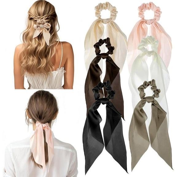 6 Pieces Solid Silky Satin Chiffon Hair Ties With Long Ribbon Bow Tail Hair Scrunchies Ponytail Holders Rubber Bands Accessories Hair Scrunchies For Women Girls Teens For Thick Thin Long Hair