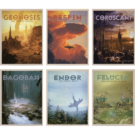 6 Pieces Space Poster Home DecoTravel Style Wars Movie Posters Canvas Wall Art Print Living Room Bedroom Decorative Painting (A,6P 12x18in Unframed)