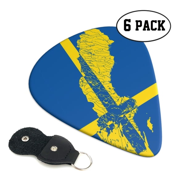 6 Pieces Sweden Map Flag Guitar Picks for Guitar Bass Music Instruments with 1 Pick Leather Pick Holder