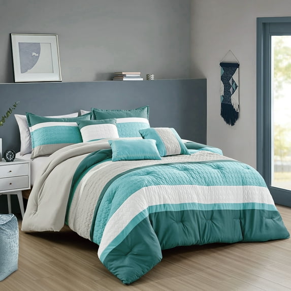 6 Pieces Teal Comforter Set - Quilted Blue Bedding Set King Size