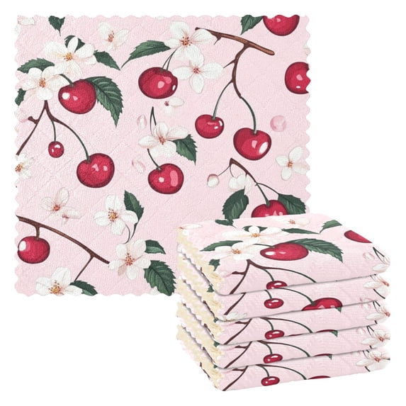 6 Pieces Thickened Double Polyester Fleece Kitchen Towel - 28x28cm Strongly Absorb Water & Oil Stain Removal,A Cherry Pattern