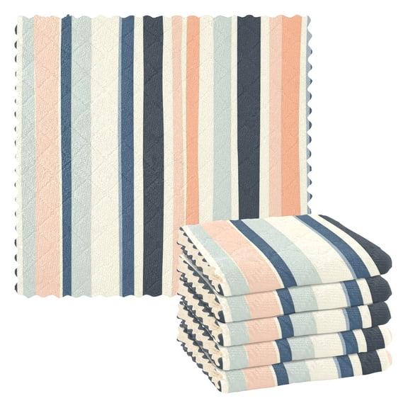 6 Pieces Thickened Double Polyester Fleece Kitchen Towel - 28x28cm Strongly Absorb Water & Oil Stain Removal，Blue Peach and Navy Stripes