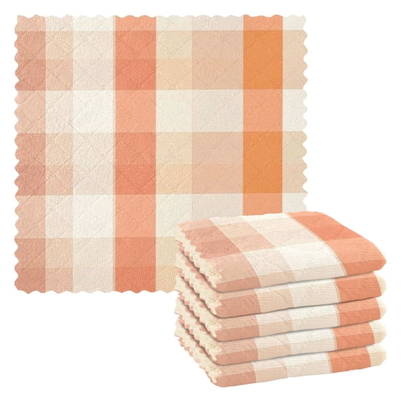 6 Pieces Thickened Double Polyester Fleece Kitchen Towel - 28x28cm Strongly Absorb Water & Oil Stain Removal，Orange Plaid Pattern