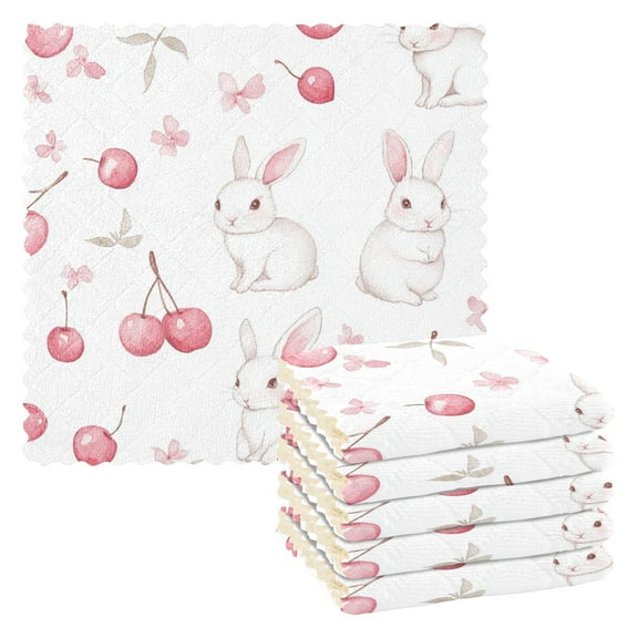 6 Pieces Thickened Double Polyester Fleece Kitchen Towel - 28x28cm Strongly Absorb Water & Oil Stain Removal，Pink Cherry