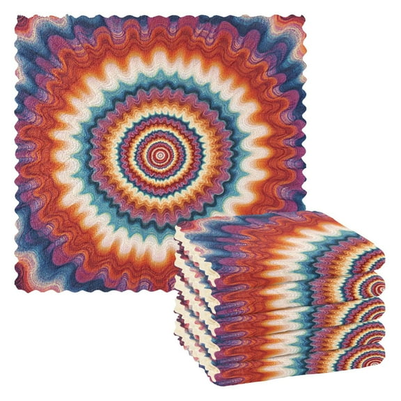 6 Pieces Thickened Double Polyester Fleece Kitchen Towel - 28x28cm Strongly Absorb Water & Oil Stain Removal，Psychedelic Pattern