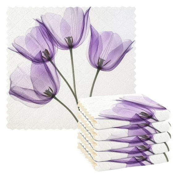 6 Pieces Thickened Double Polyester Fleece Kitchen Towel - 28x28cm Strongly Absorb Water & Oil Stain Removal，Purple Tulips