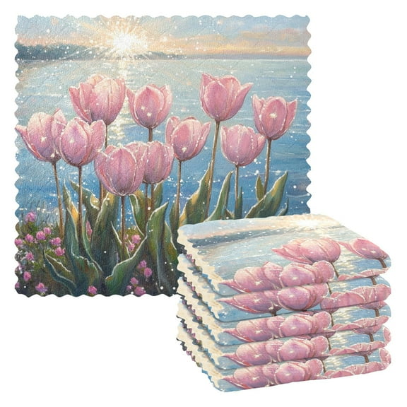 6 Pieces Thickened Double Polyester Fleece Kitchen Towel - 28x28cm Strongly Absorb Water & Oil Stain Removal，Ten Tulips