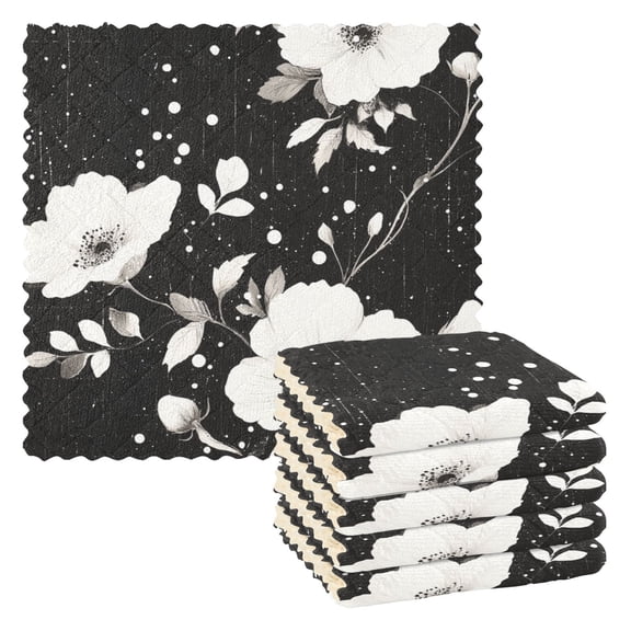 6 Pieces Thickened Double Polyester Fleece Kitchen Towel - 28x28cm Strongly Absorb Water & Oil Stain Removal，White Flowers