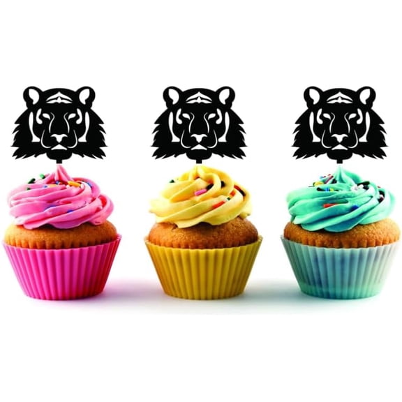 6 Pieces Tiger Head Silhouette Acrylic Cupcake Toppers, Black Big Cat Picks for Safari Themed Party, Jungle Birthday Decor