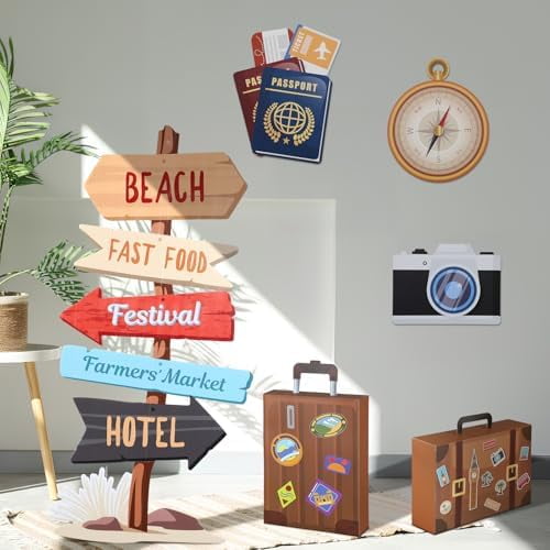 6 Pieces Travel Party Decorations 47.2 Inch Adventure Cutout Stand Travel Around The World Signs Cardboard Suitcase Box Compass Passport Camera Sign for Photo Booth Props Party Supplies