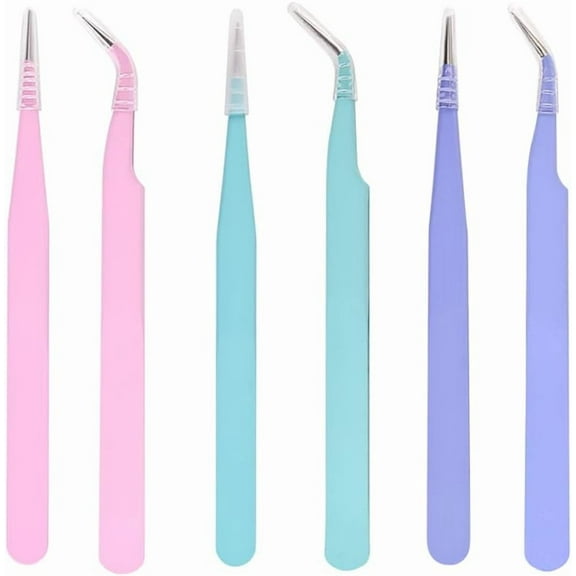 6 Pieces Tweezers Professional Stainless Steel Tweezers Set Straight Tip and Curved Fine Tip Tweezers Precision Eyelash Extension Tweezers for Crafting Facial Hair Women - Pink Purple Blue