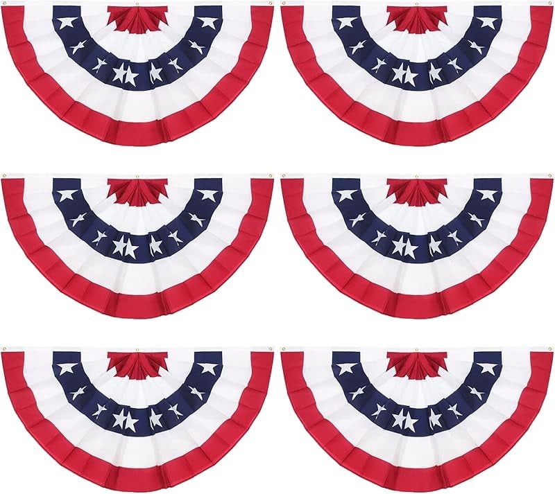 6 Pieces USA Pleated Fan Flag, 1.5x3 ft American US Bunting Flag Patriotic Half Fan Banner Flag for 4th of July Memorial Indoor Outdoor Decoration with Canvas Header and Brass Grommets