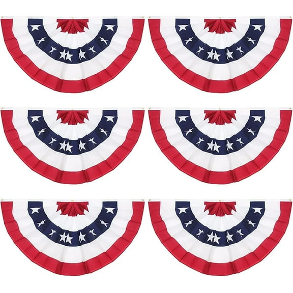 6 Pieces USA Pleated Fan Flag, 1.5x3 ft American US Bunting Flag Patriotic Half Fan Banner Flag for 4th of July Memorial Indoor Outdoor Decoration with Canvas Header and Brass Grommets