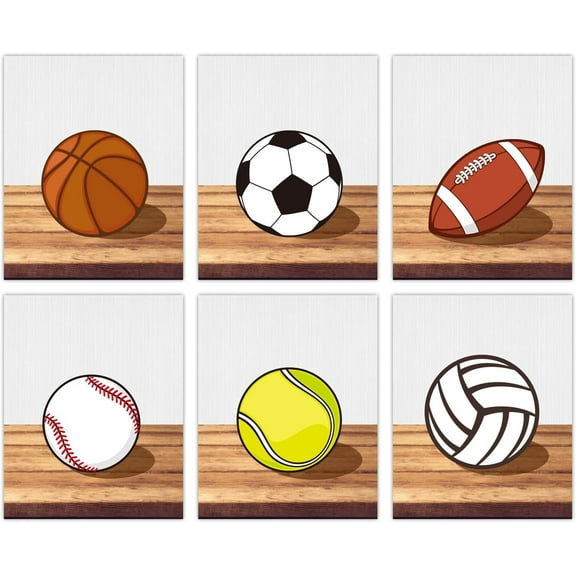 6 Pieces Unframed Sports Canvas Wall Art Athletic Basketball Football Baseball Tennis Ball Painting Poster Art Pictures Gift for Boys Girls Nursery Bedroom Playroom Kids Room Decor