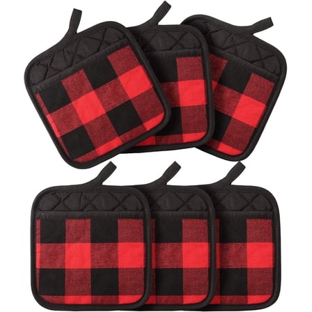 HEETLY Buffalo Plaid Pot Holders with Pocket, 6-Piece, Heat Resistant Hot Pads for Kitchen Cooking & Baking, Red & Black