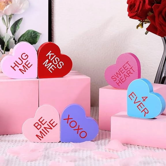 6 Pieces Valentine's Day Wooden Signs Colorful Heart Shaped Wood Tabletop Decor Valentine Tiered Tray Decor Love You Be Mine Kiss Me Table Centerpieces for Valentine