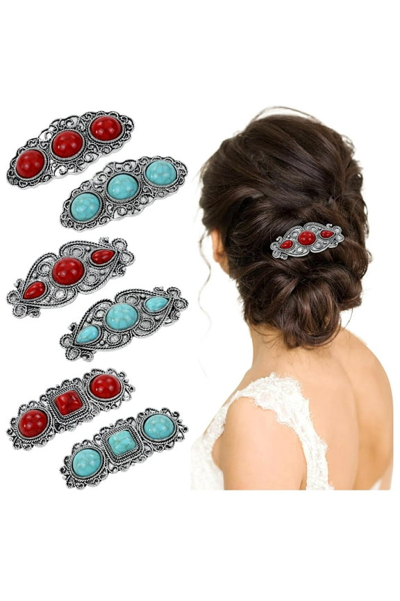 6 Pieces Vintage Red Green Artificial Turquoise French Hair Barrettes Snap Hair Clips Accessories for Women Girls
