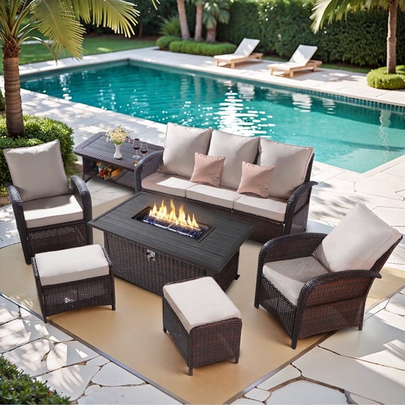 6 Pieces Wicker Patio Conversation Set with 48inch Fire Pit Table, Cushions and Furniture Cover