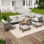 6 Pieces Wicker Patio Furniture Set Outdoor Conversation Set, All Weather PE Rattan Sectional Sofa Couch with Storage Table and Cushions, Beige