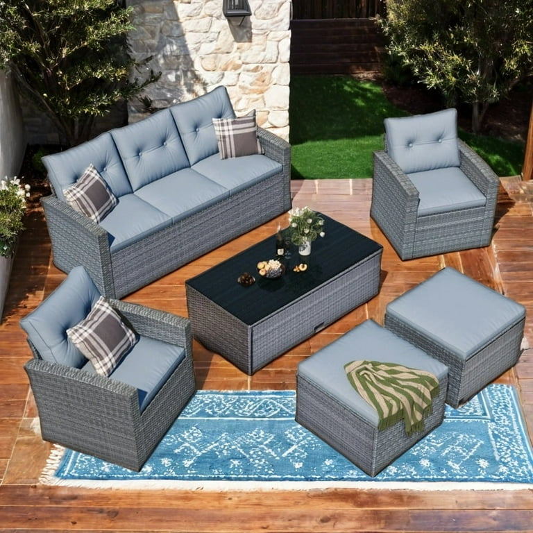 6 Pieces Wicker Patio Furniture Set Outdoor Conversation Set All Weather PE Rattan Sectional Sofa Couch with Storage Table and Cushions Gray