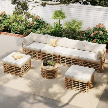 7 Pieces Wicker Patio Furniture Sets Outdoor Conversation Set, All Weather PE Rattan Sectional Sofa Couch with Storage Table and Cushions, Beige