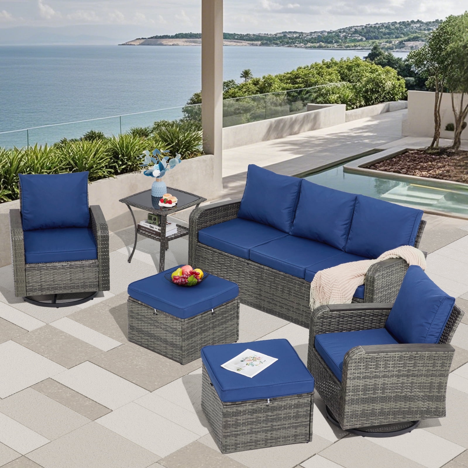 6 Pieces Wicker Patio Furniture Sets, Outdoor Conversation Set PE Rattan Sectional Sofa Couch with Swivel chairs Ideal for Indoor Porch Deck Bistro Lawn Garden Backyard Poolside-Blue