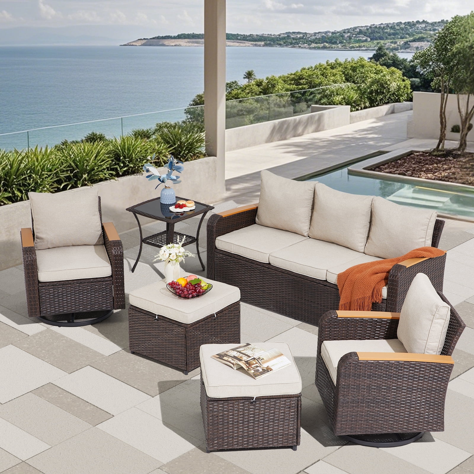 6 Pieces Wicker Patio Furniture Sets, Outdoor Conversation Set PE Rattan Sectional Sofa Couch with Swivel chairs Ideal for Indoor Porch Deck Bistro Lawn Garden Backyard Poolside-Khaki